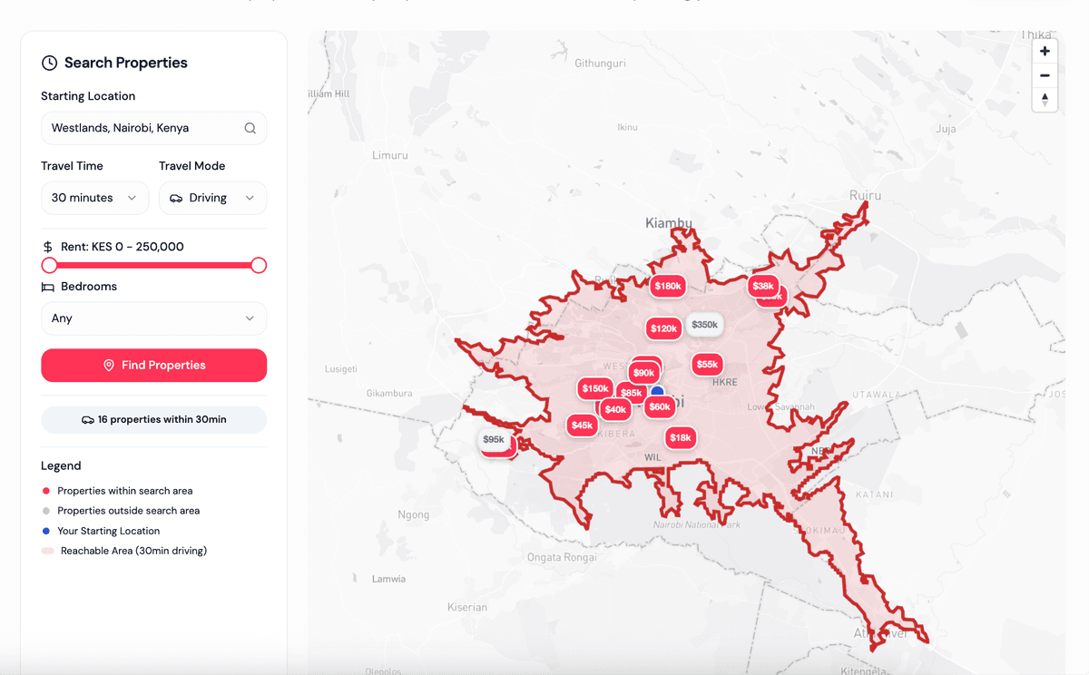 Orbit search showing properties within 30 minutes of Westlands on a map