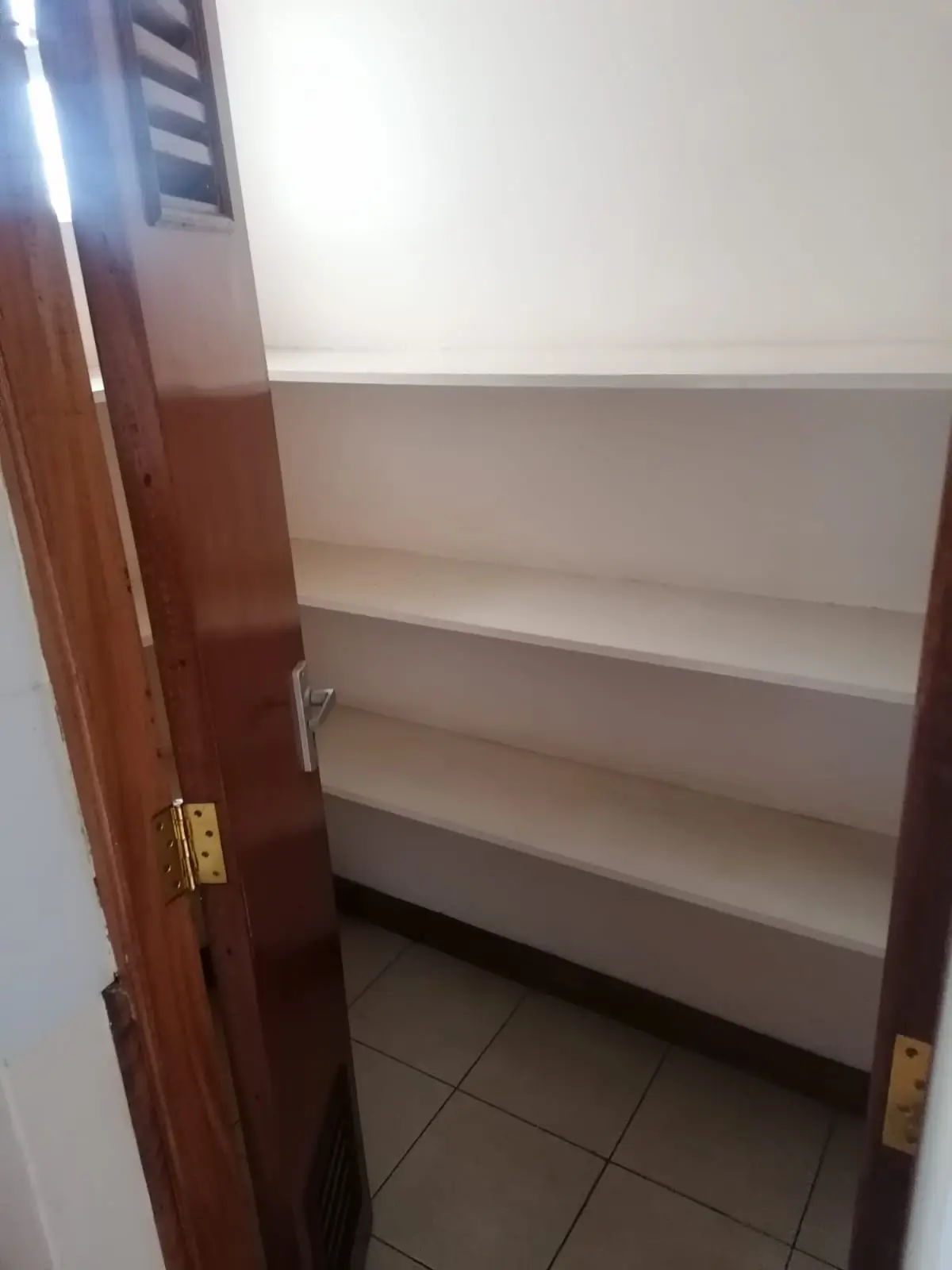 Empty pantry with white shelving and wooden door frame