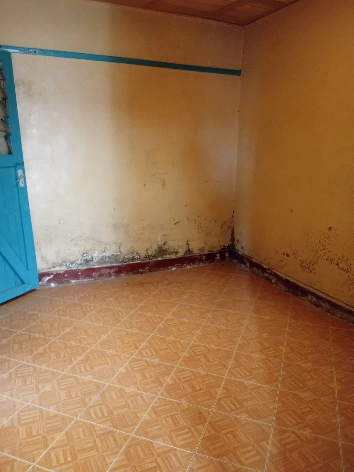 Empty room with terracotta tile floor, water damage visible