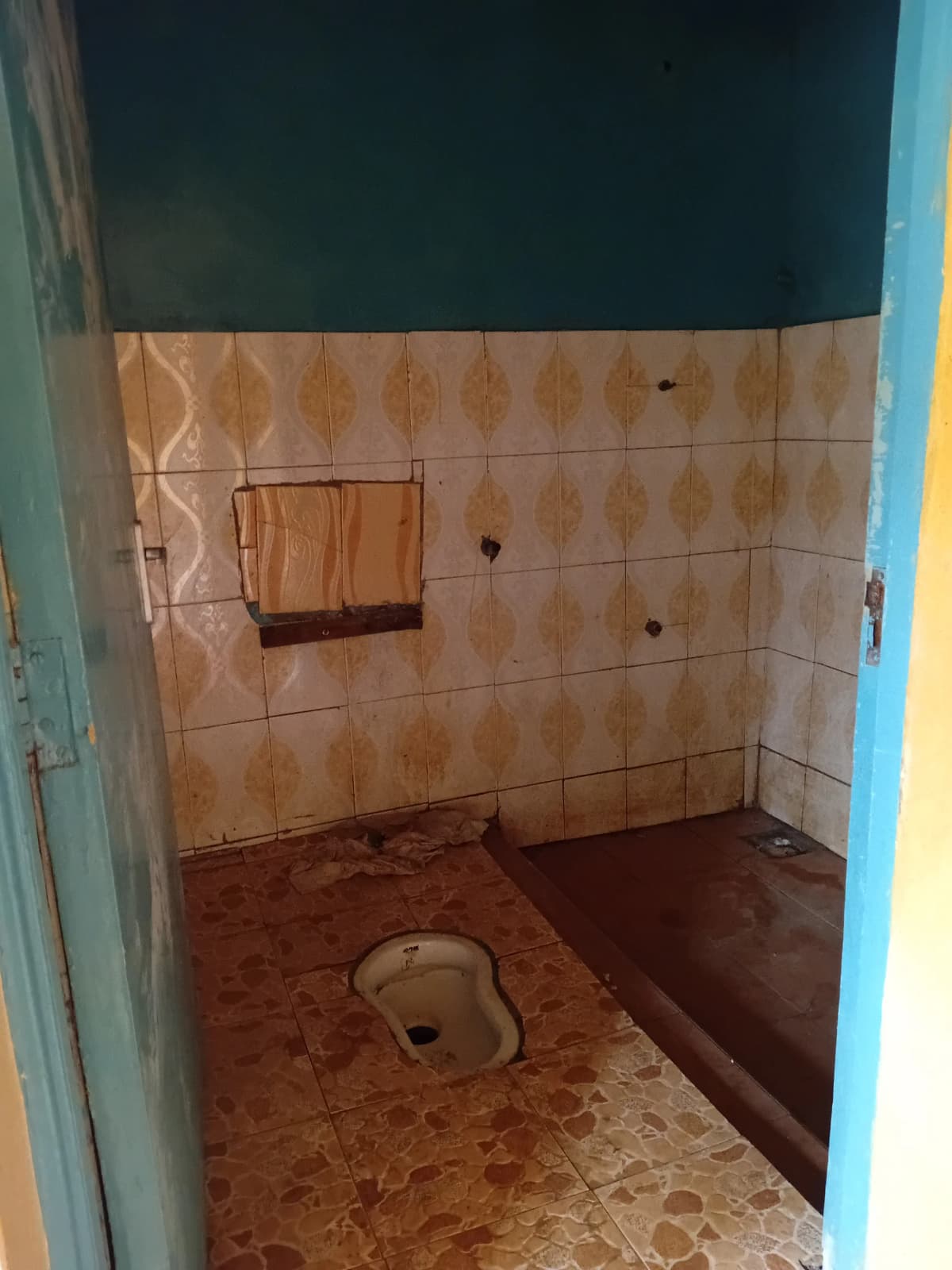 Basic bathroom with squat toilet and tiled walls