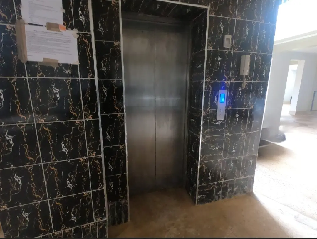 Modern lobby with black marble walls and stainless steel lift