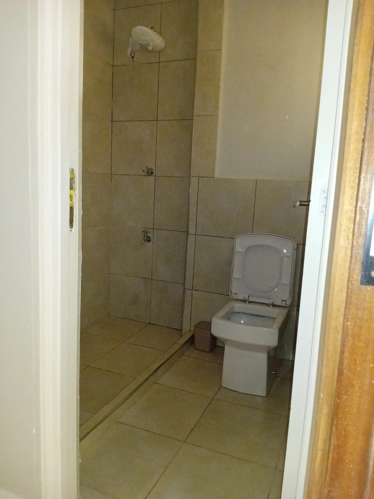 Bathroom with toilet, shower area, tiled walls and floor