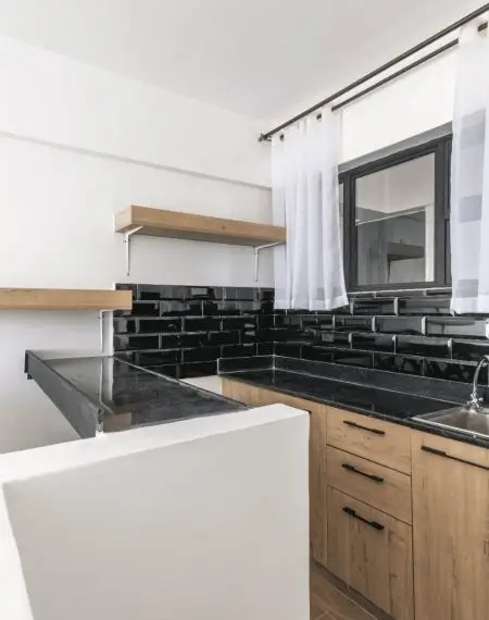 Modern kitchen with black subway tile backsplash and dual sinks