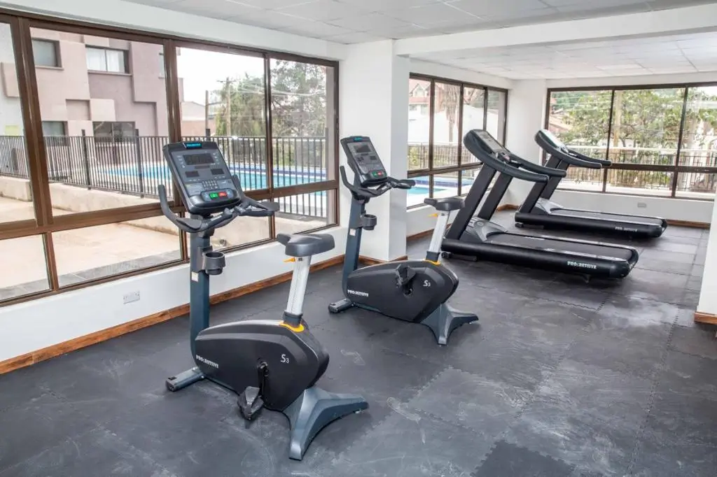 Modern gym with stationary bikes, treadmill, and large windows