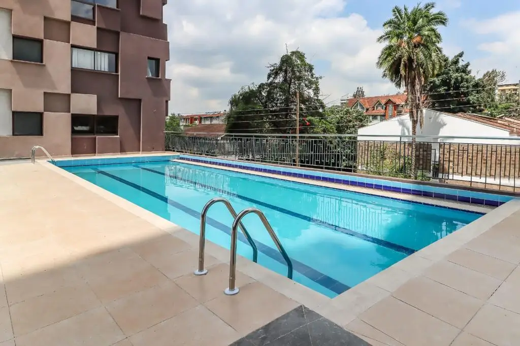 Rooftop lap pool with city views and palm trees