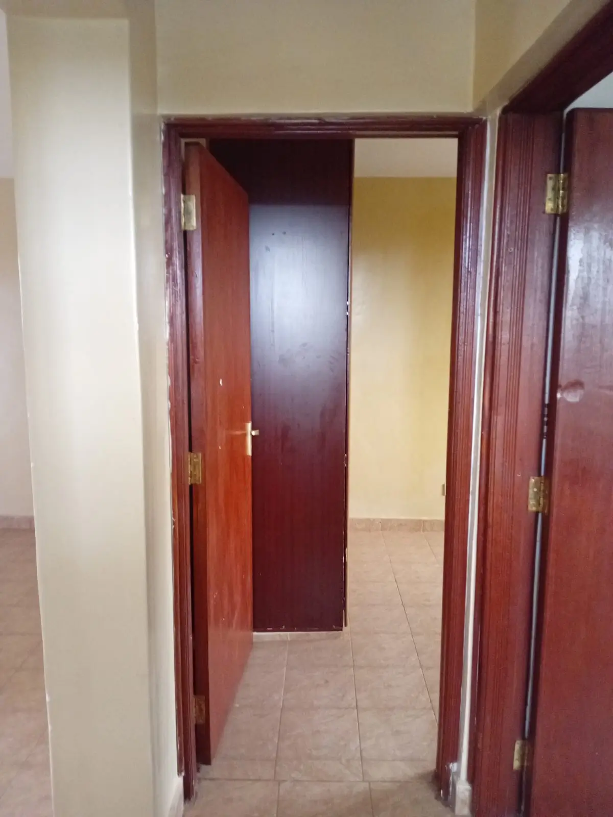 Narrow hallway with maroon doors and neutral walls