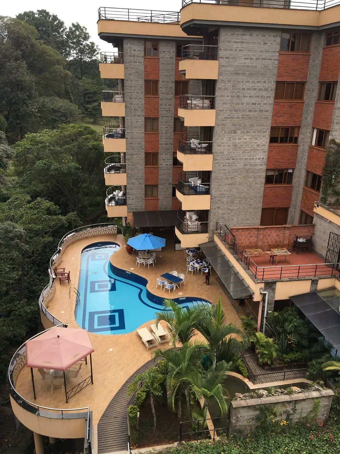 Curved swimming pool with blue water slide and landscaping