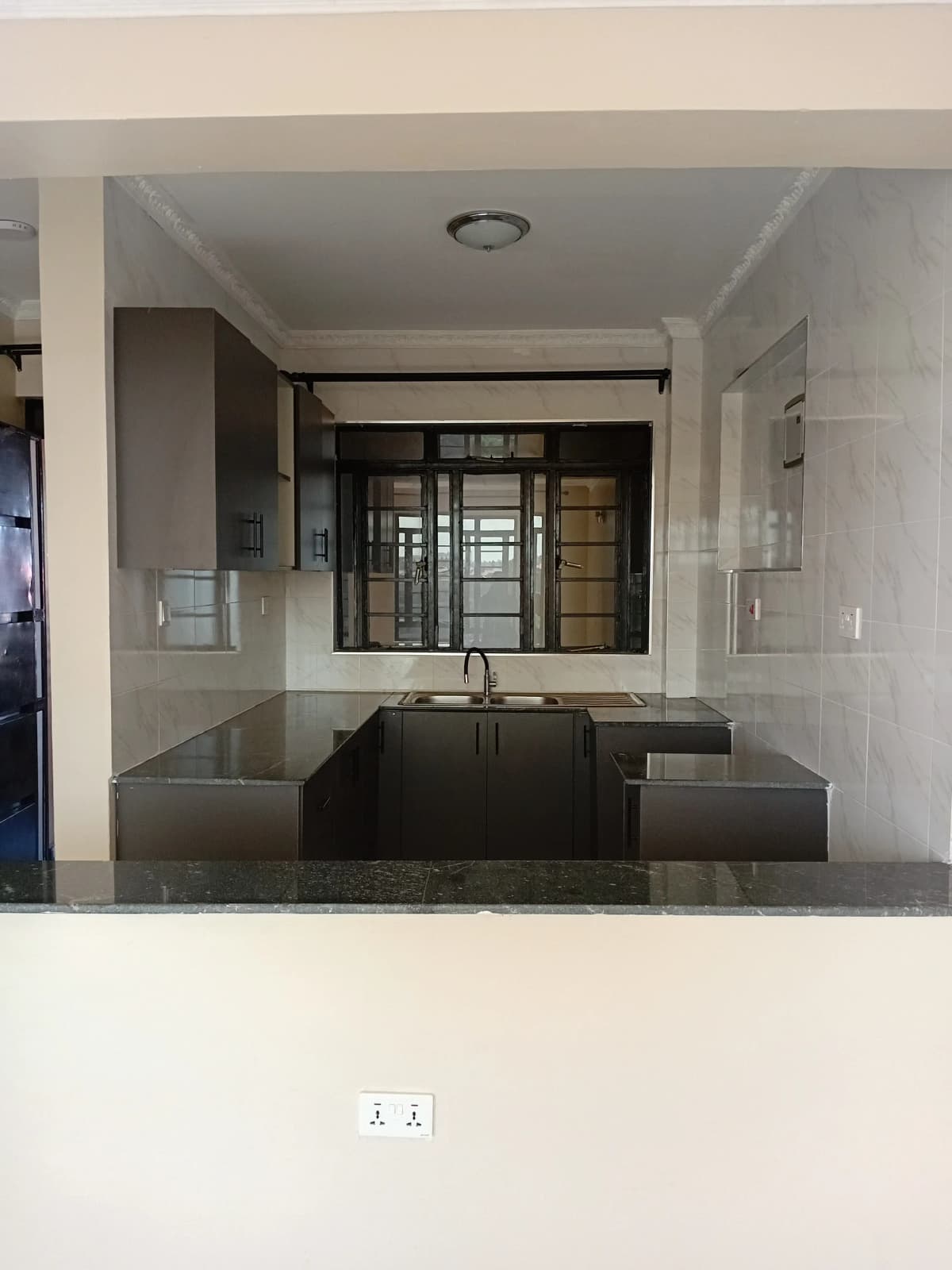 Modern kitchen with black cabinetry and stainless steel sink
