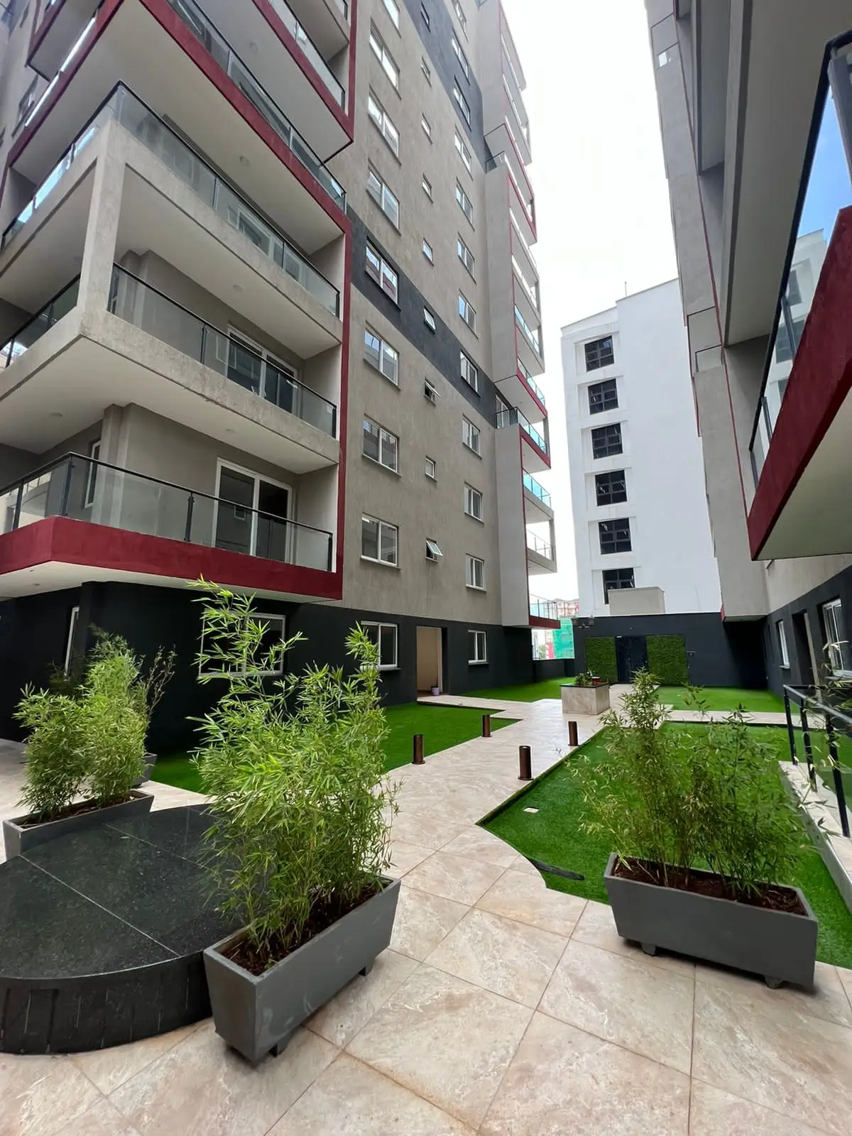 Modern courtyard garden with landscaping and potted plants