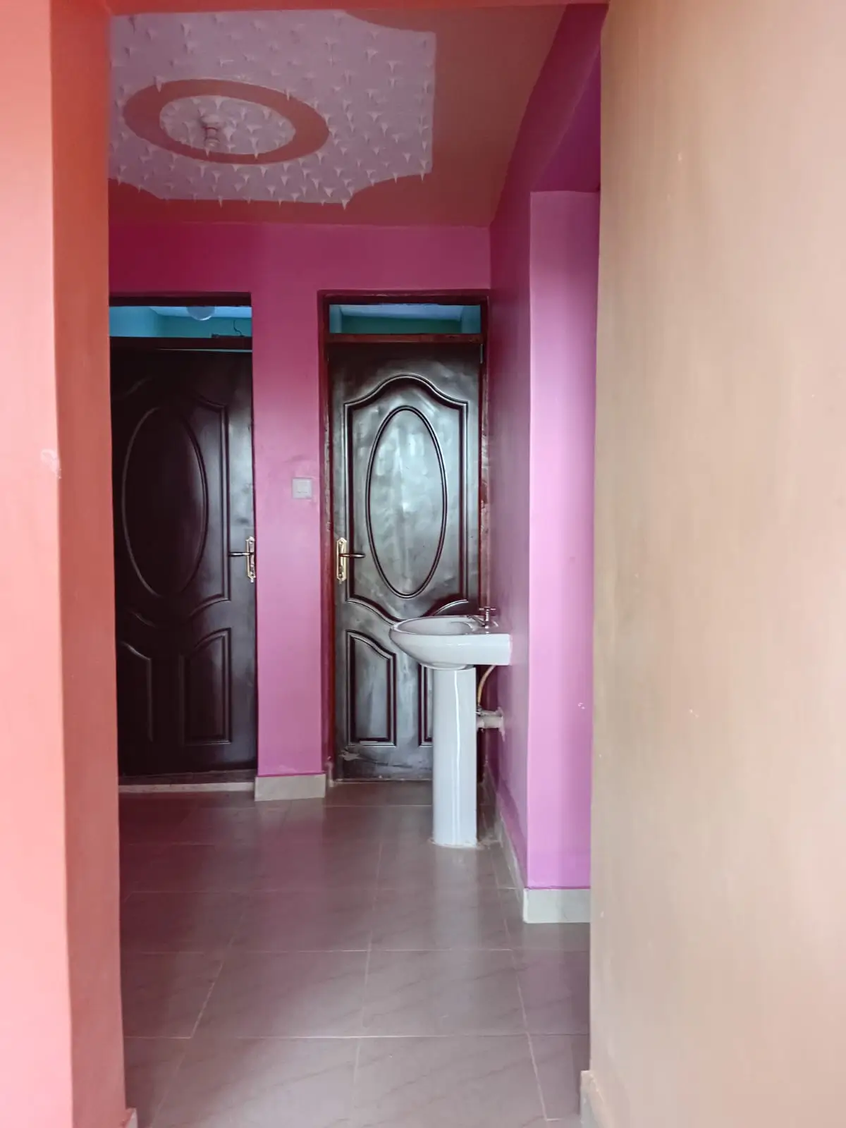 Pink corridor with two doors and pedestal sink