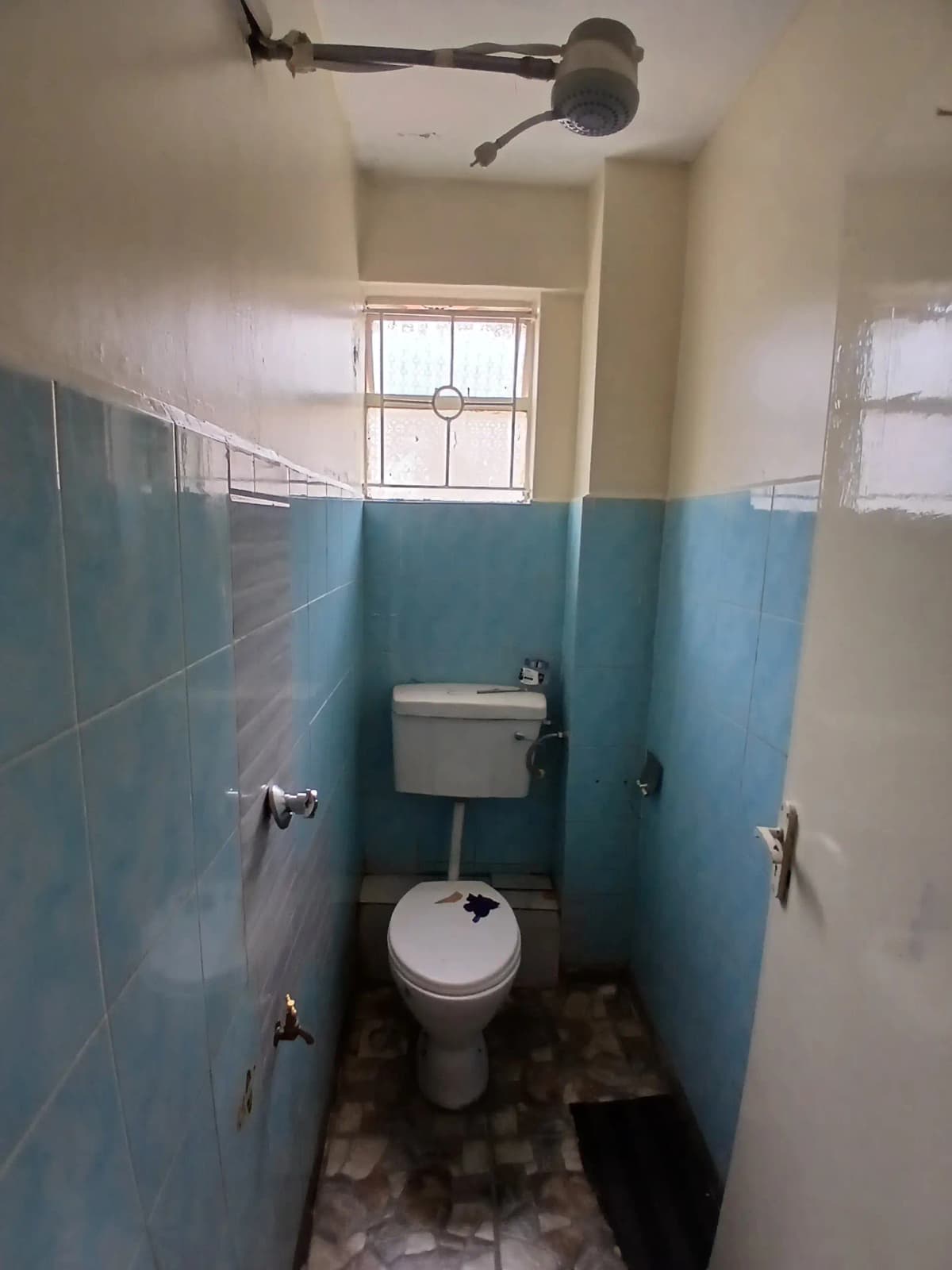Compact toilet room with teal tile and overhead shower fixture