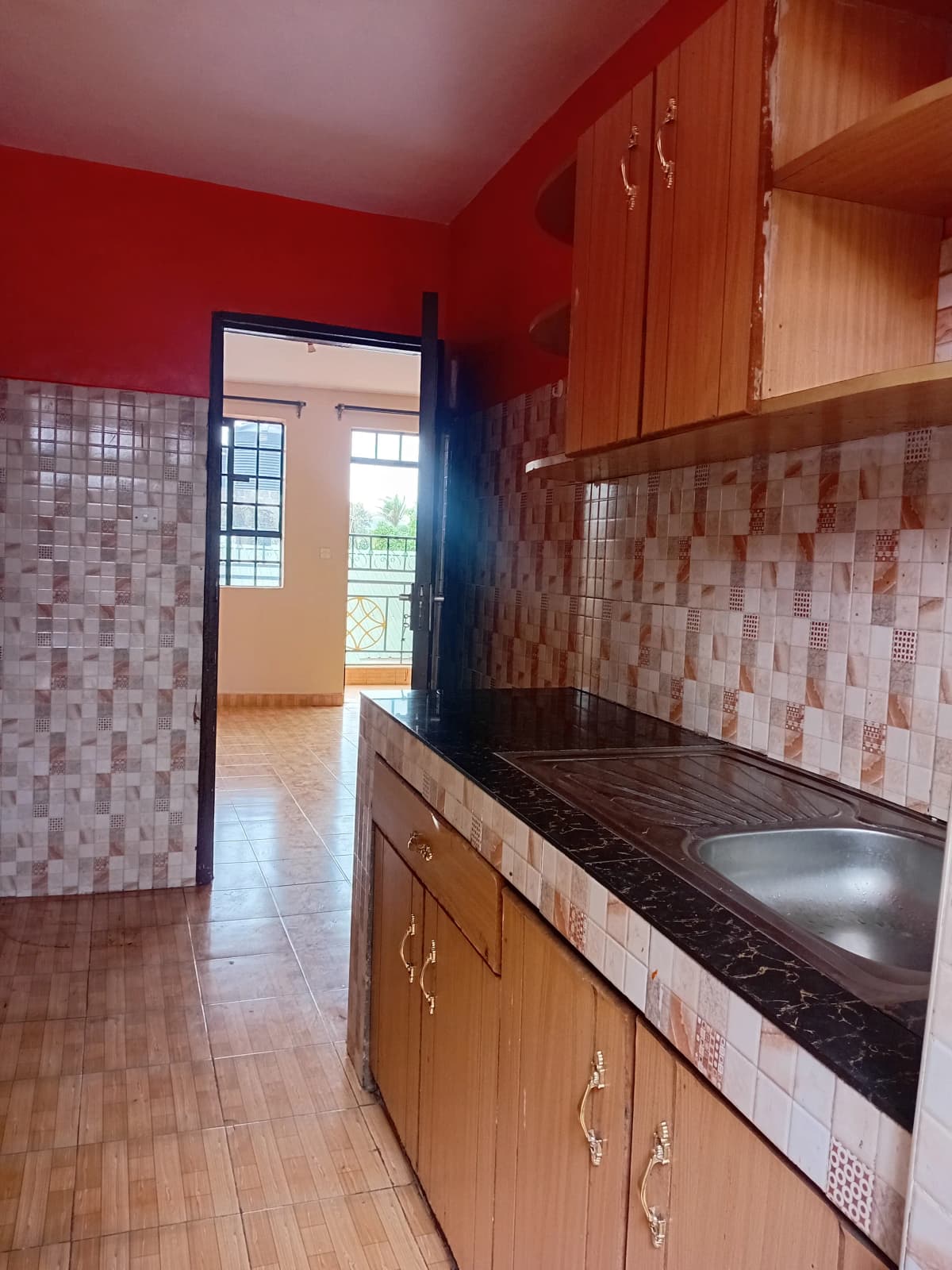 Galley kitchen with red walls, wooden cabinets, dark countertop
