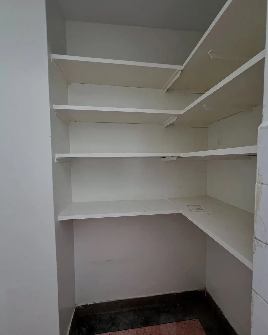 Empty walk-in pantry with white shelving and black flooring