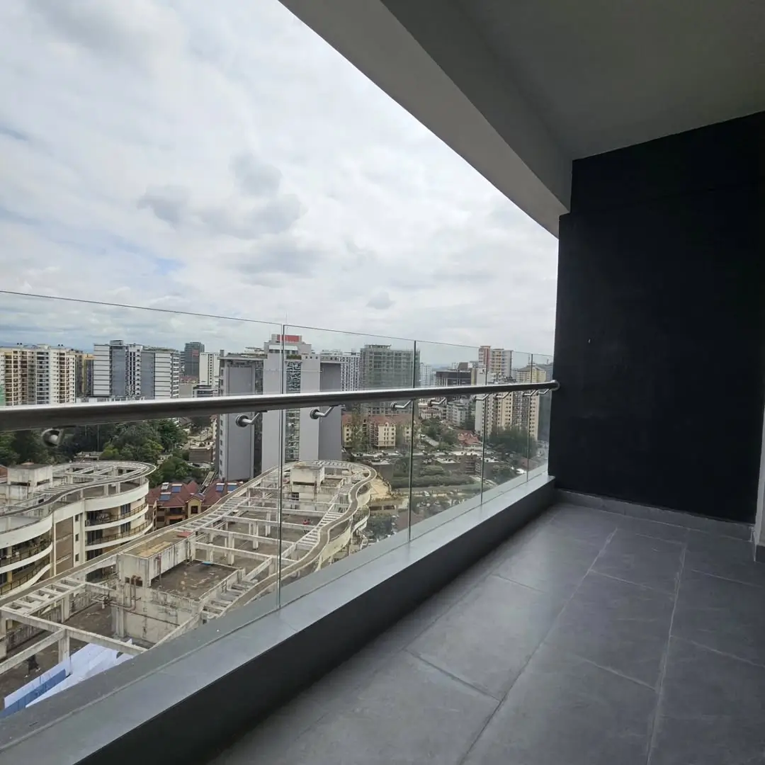 High-rise balcony with expansive city skyline view