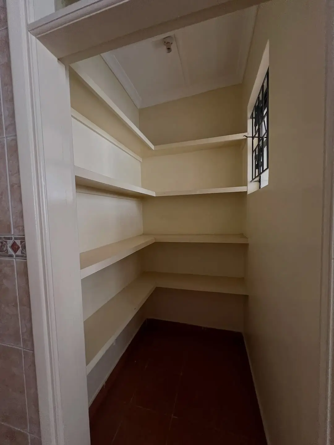 Walk-in pantry with built-in shelving and wooden flooring