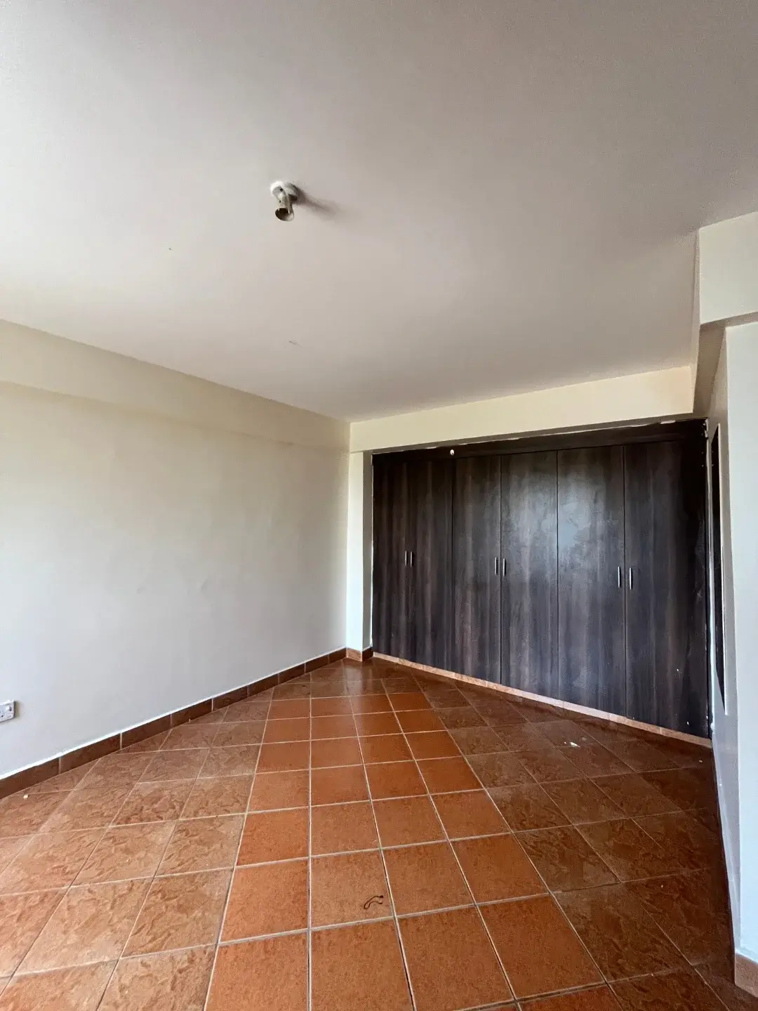 Spacious bedroom with terracotta floor and dark wardrobe