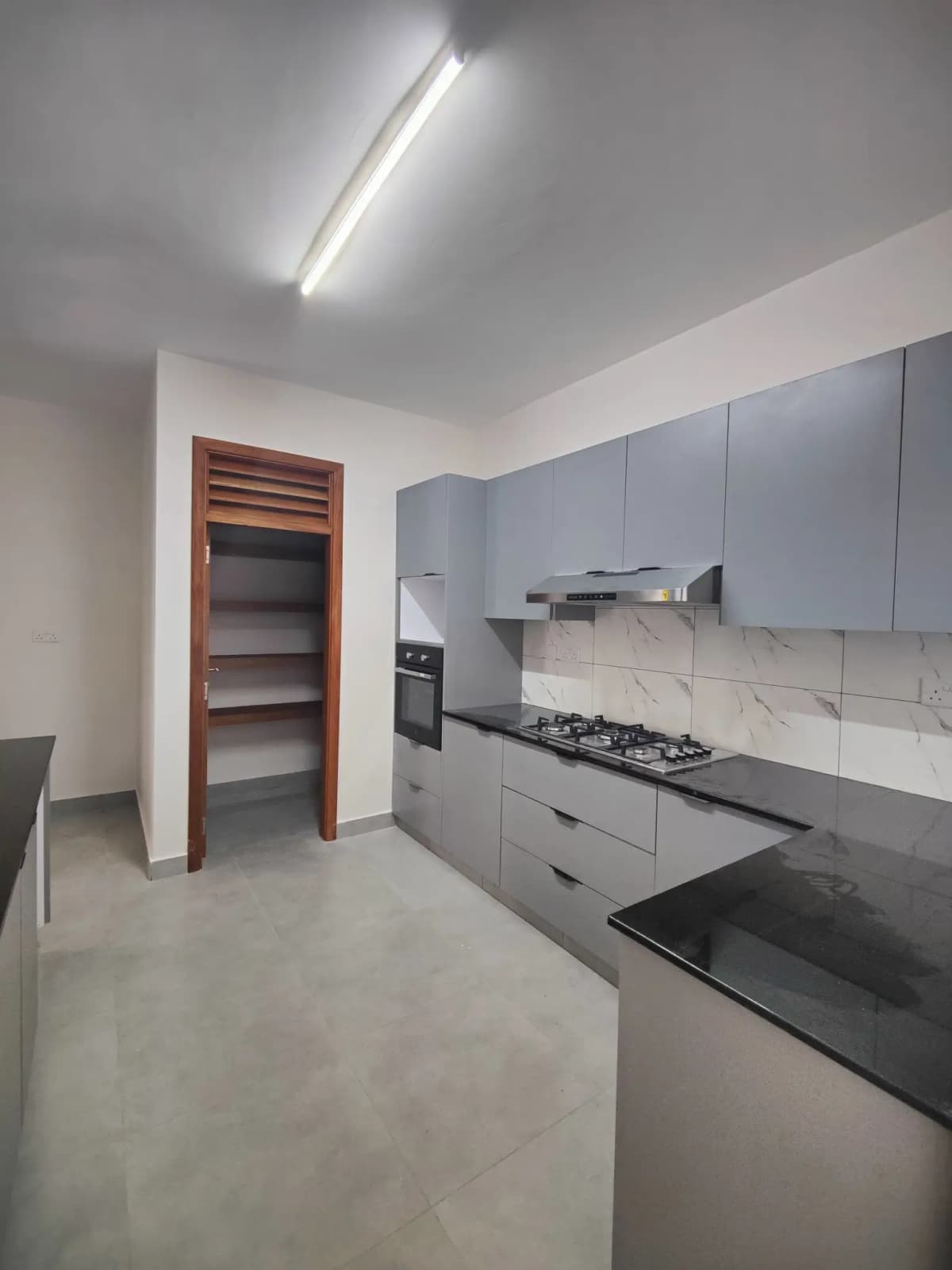 Modern kitchen with grey cabinetry, black countertop, adjacent pantry
