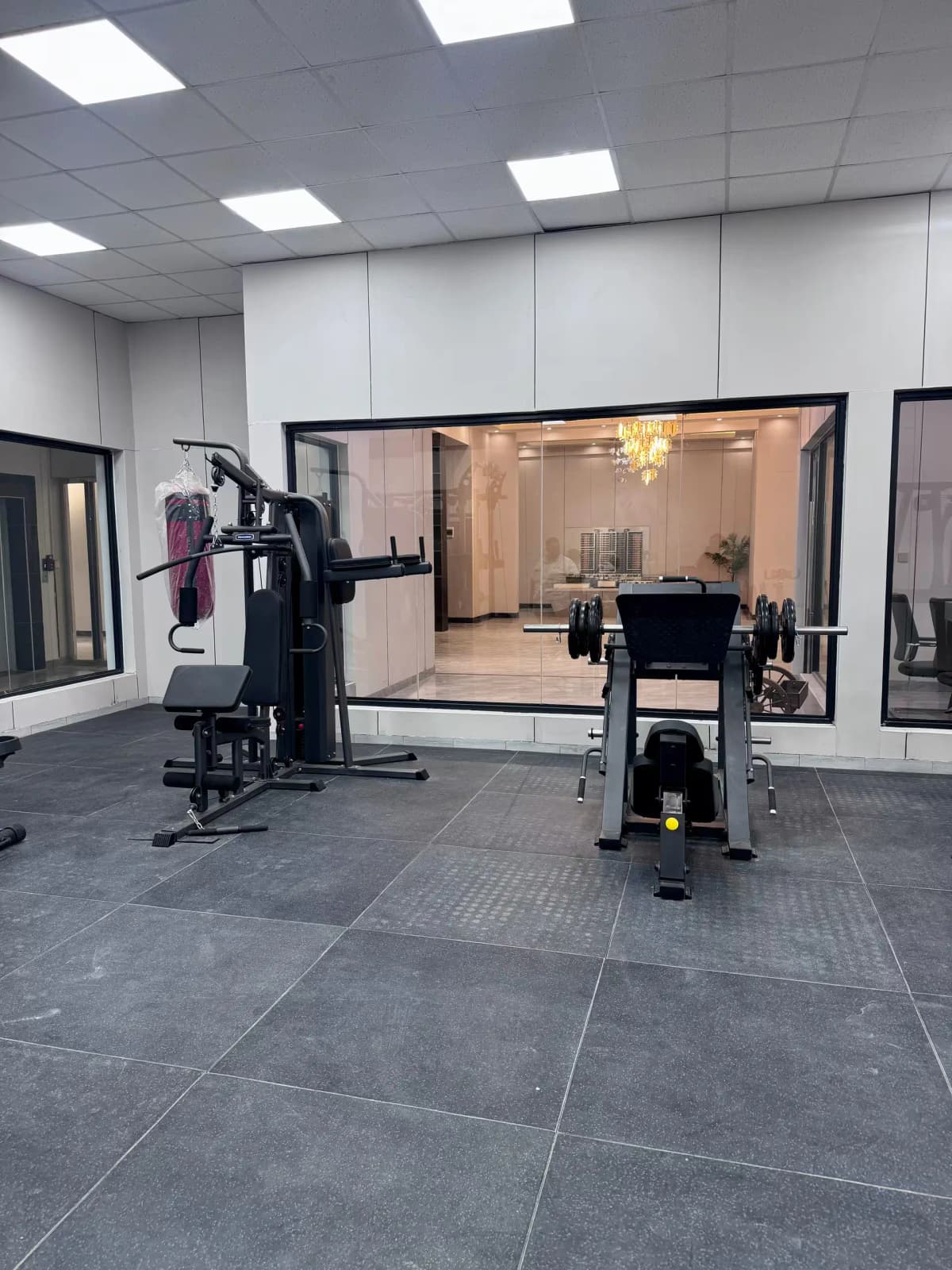Modern gym room with cardio and strength training equipment