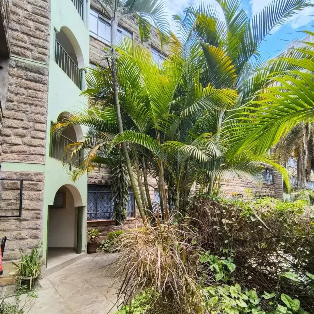 Lush tropical compound garden with mature palm trees