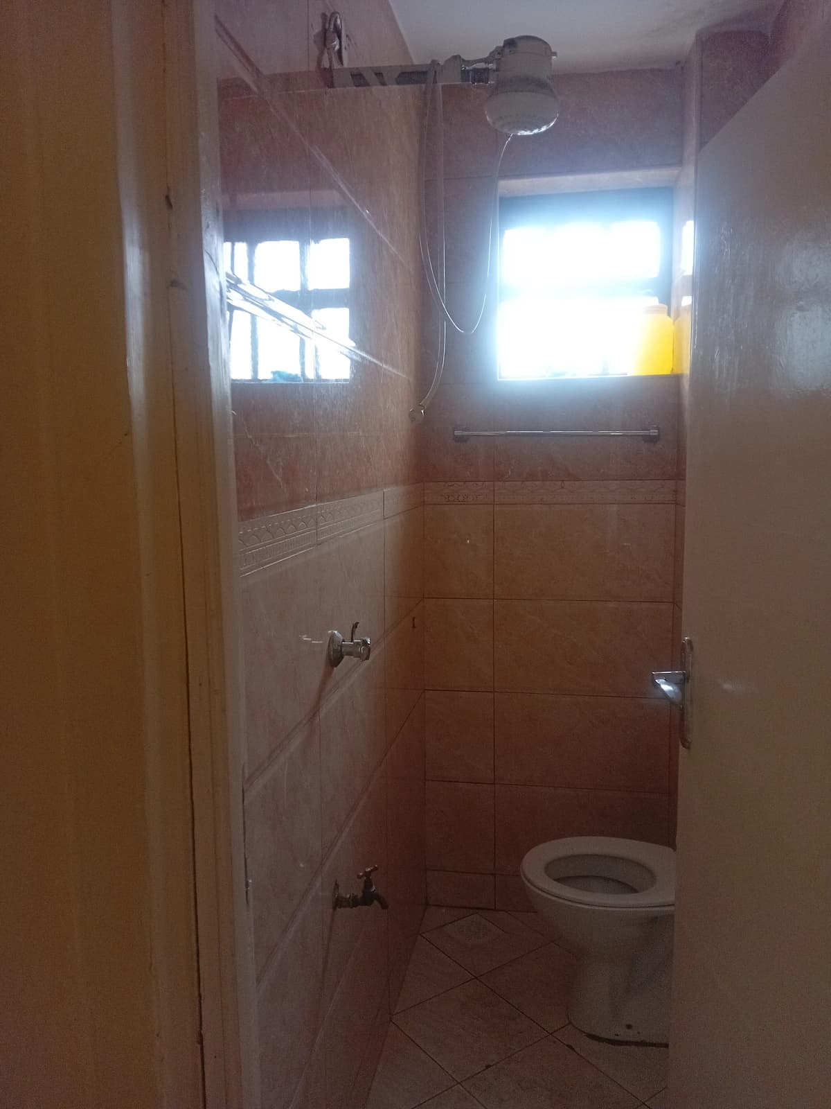 Basic bathroom with toilet, shower cubicle, and natural light