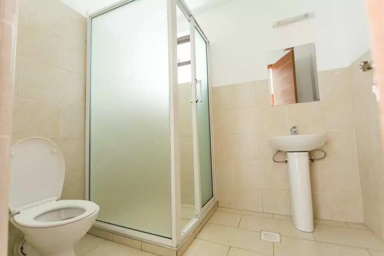 Clean bathroom with toilet, pedestal sink, and shower enclosure