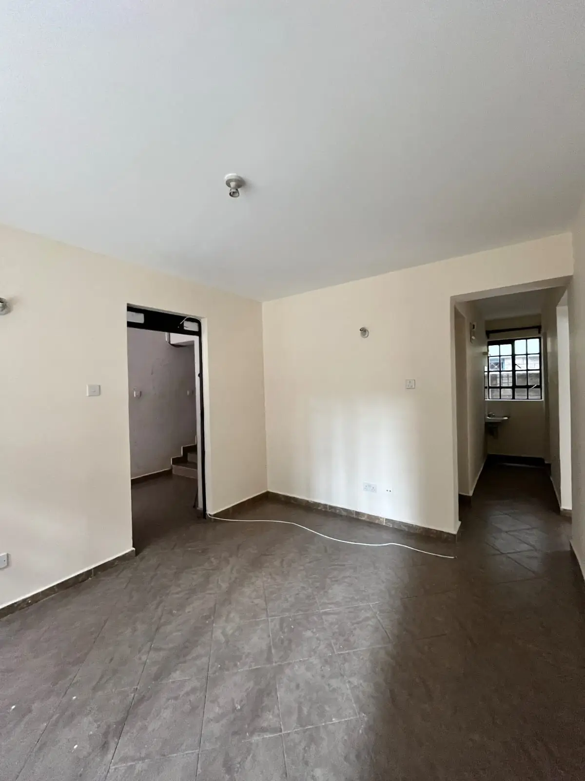 Spacious empty living room with dark flooring and neutral walls