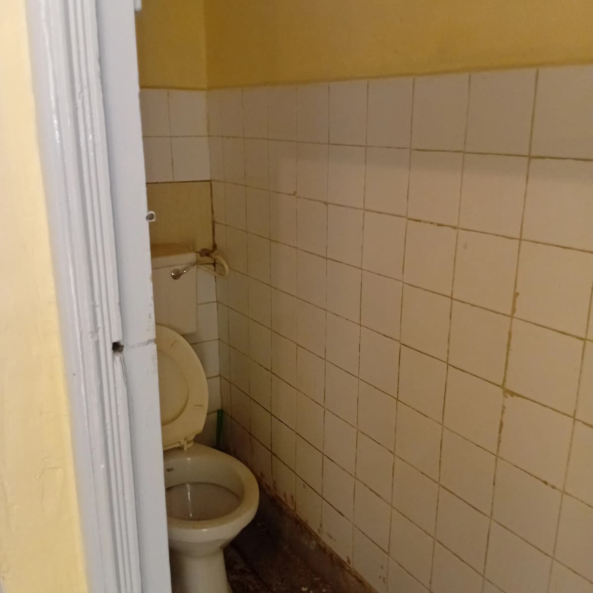 Compact bathroom with toilet and cream tile walls
