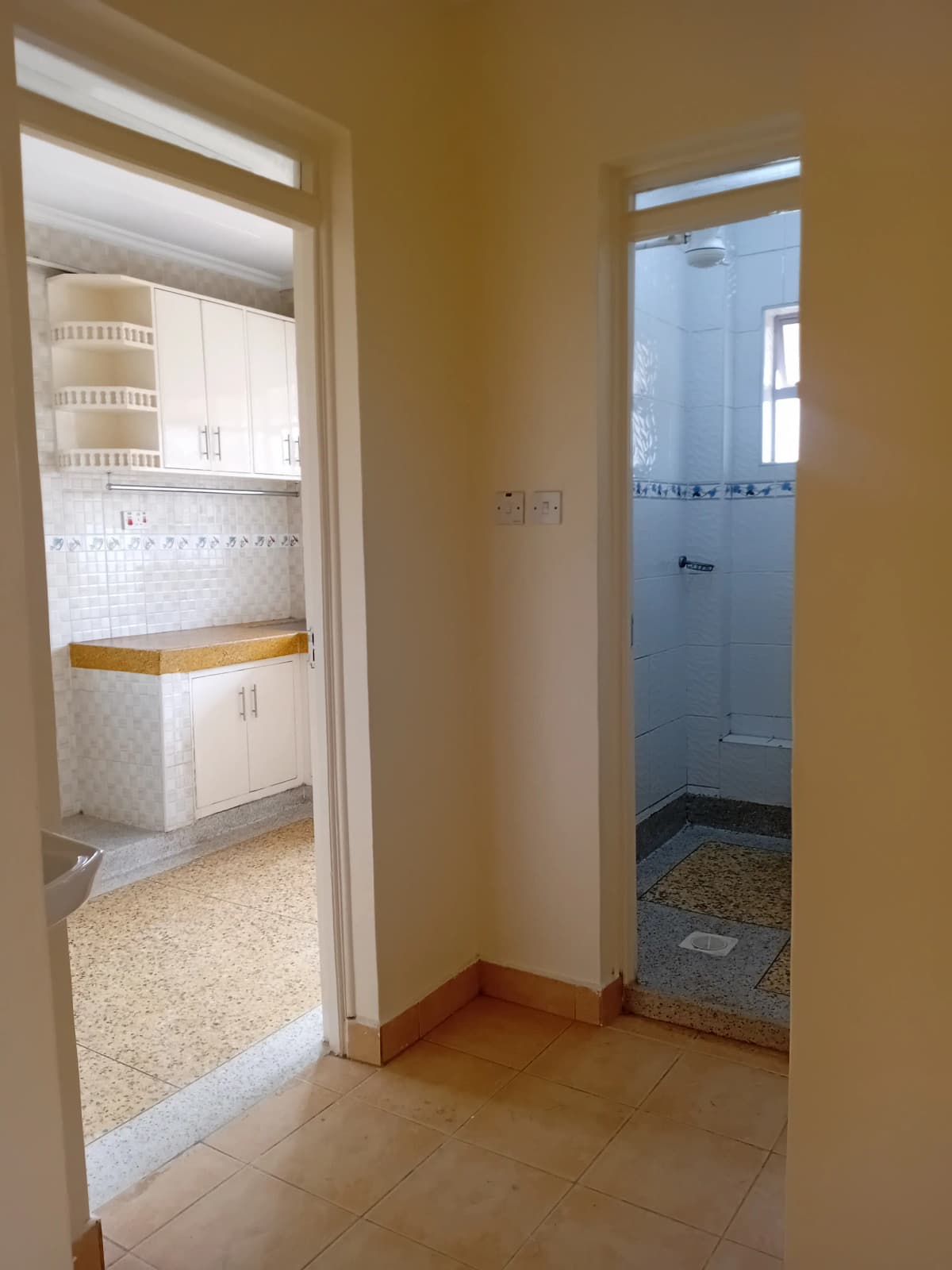 Hallway connecting kitchen and bathroom areas