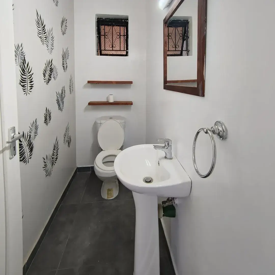 Compact bathroom with pedestal sink, toilet, fern wallpaper