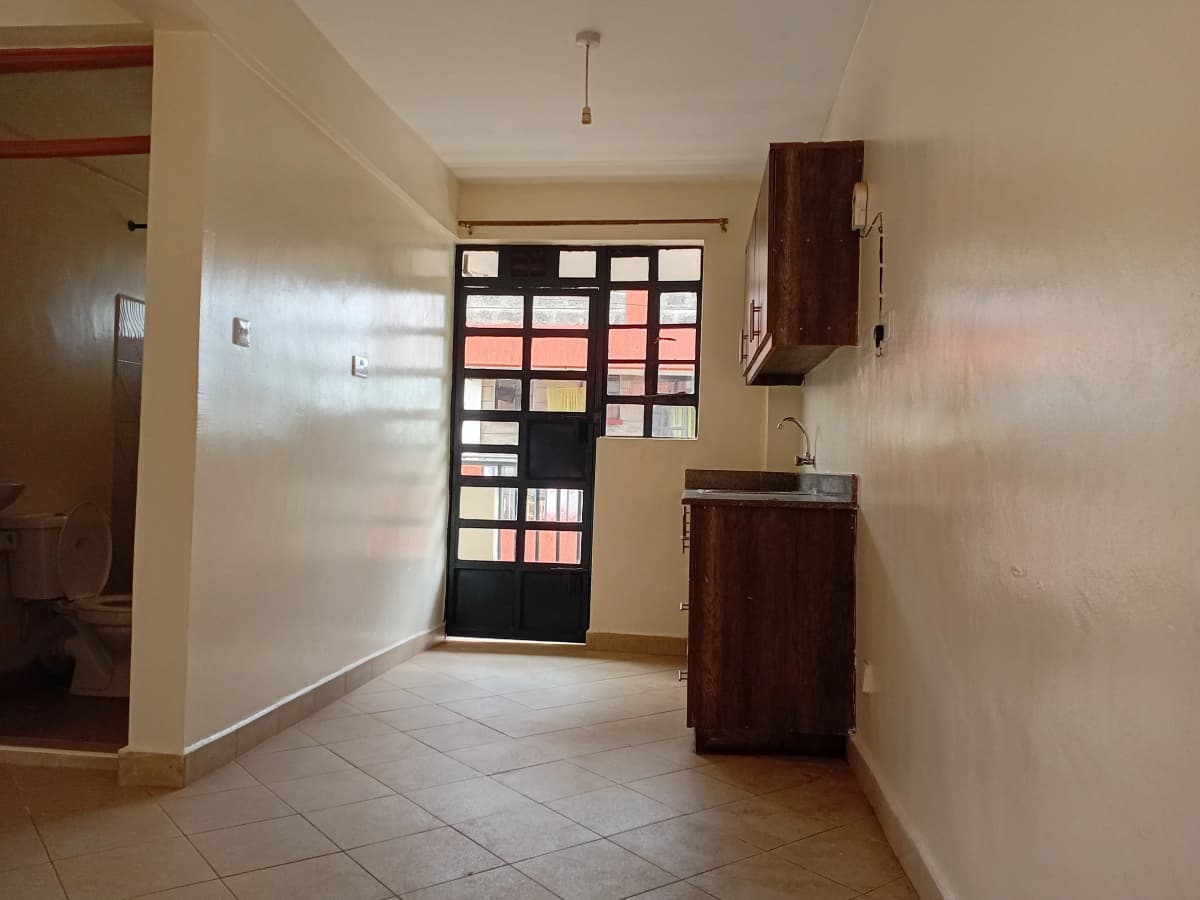 Compact kitchen with dark wooden cabinets and gridded door entry