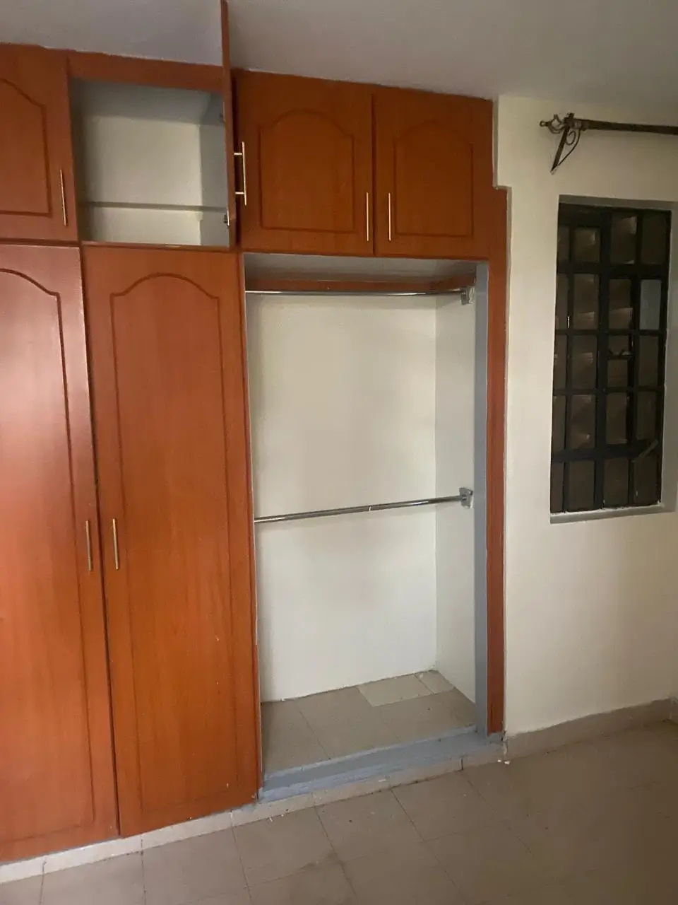 Empty wooden pantry shelving unit with glass doors