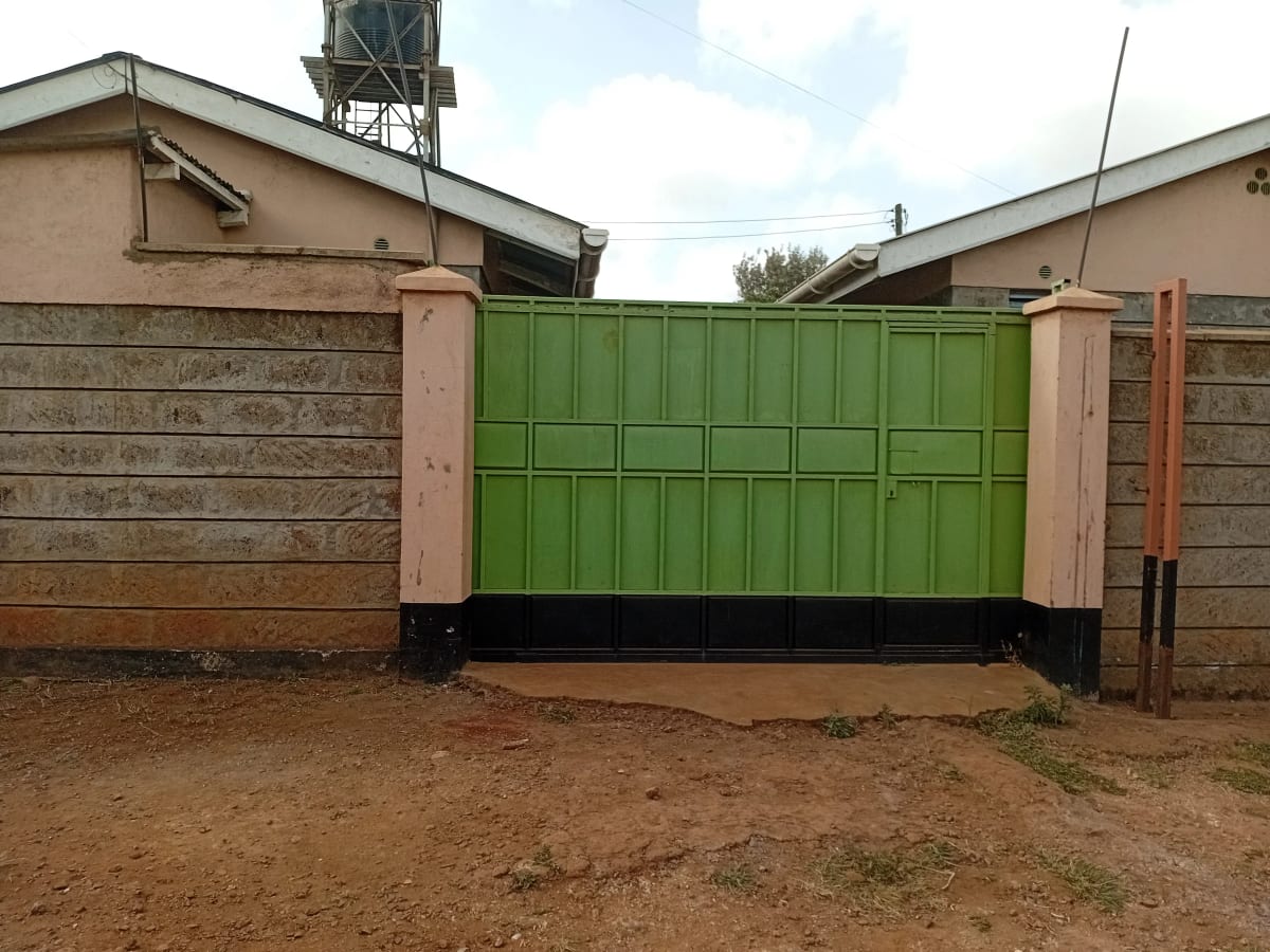 Compound entrance with bright green metal gate and walls