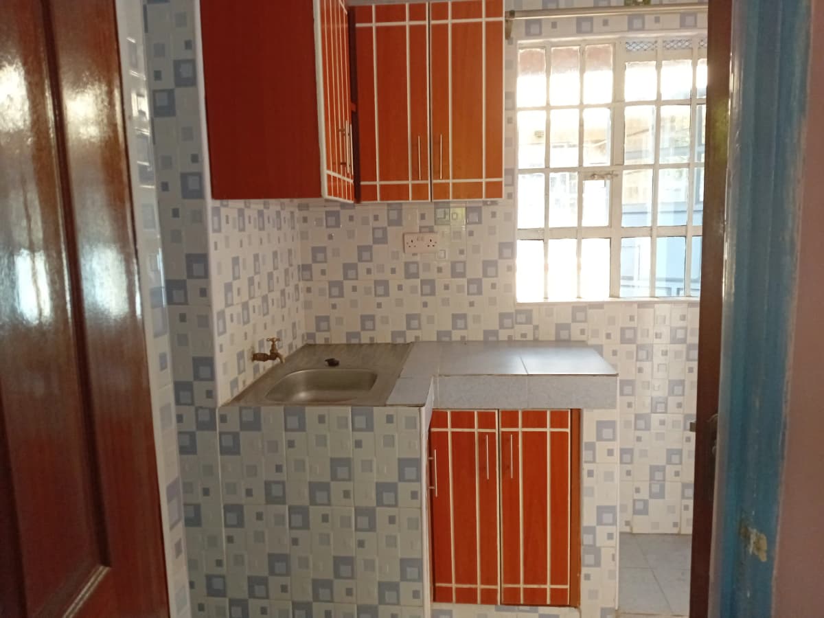 Compact kitchen with red cabinetry and tiled backsplash