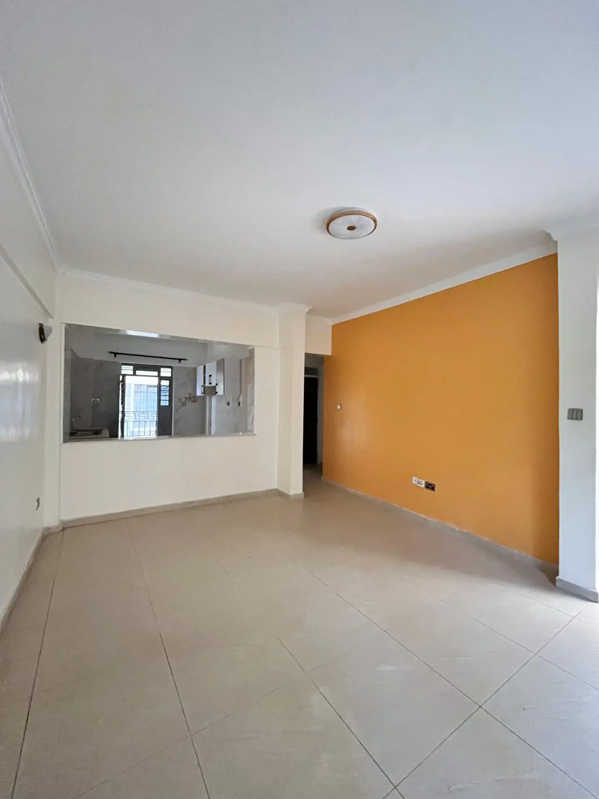 Open-plan living area with kitchen pass-through and accent wall
