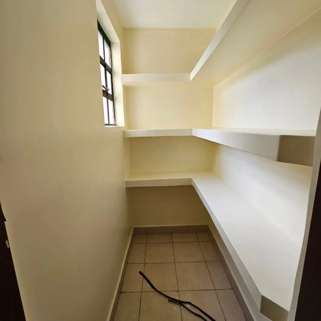 Compact pantry with white shelving and window light