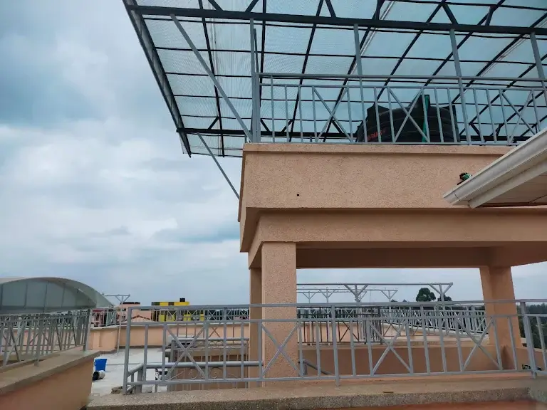 Rooftop terrace with city skyline views and solar panels