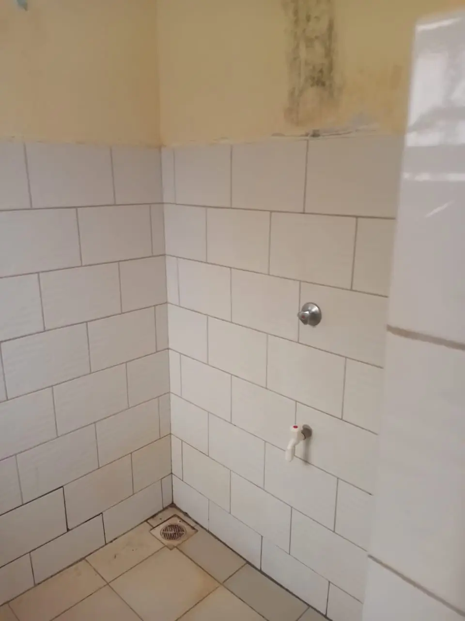 Bathroom corner with white subway tiles and fixtures