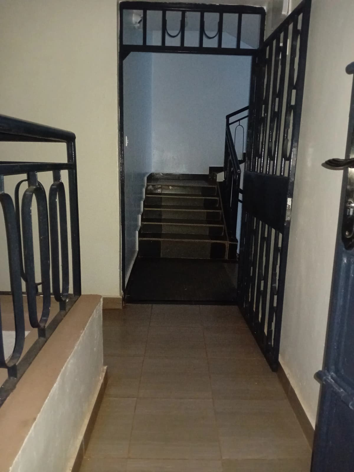 Building corridor with stairs and black metal railings