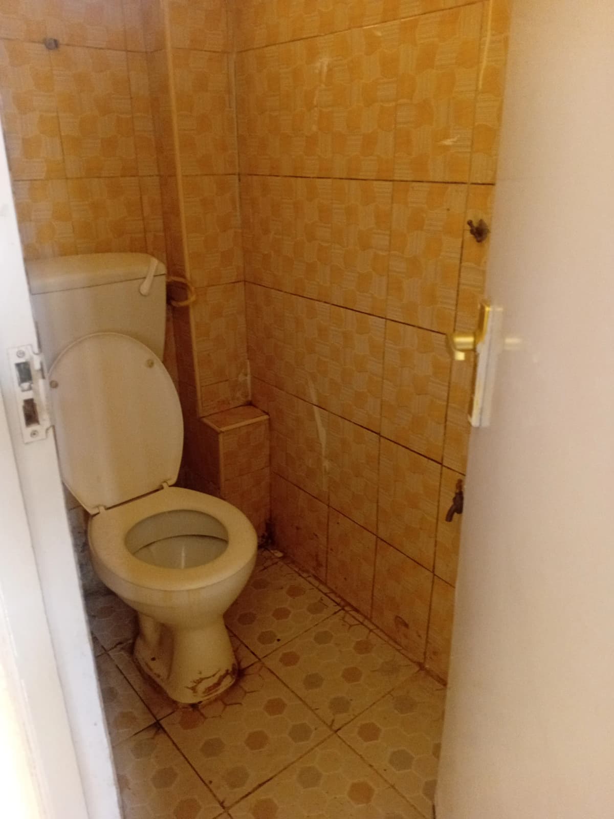 Compact bathroom with toilet and orange-tiled shower enclosure
