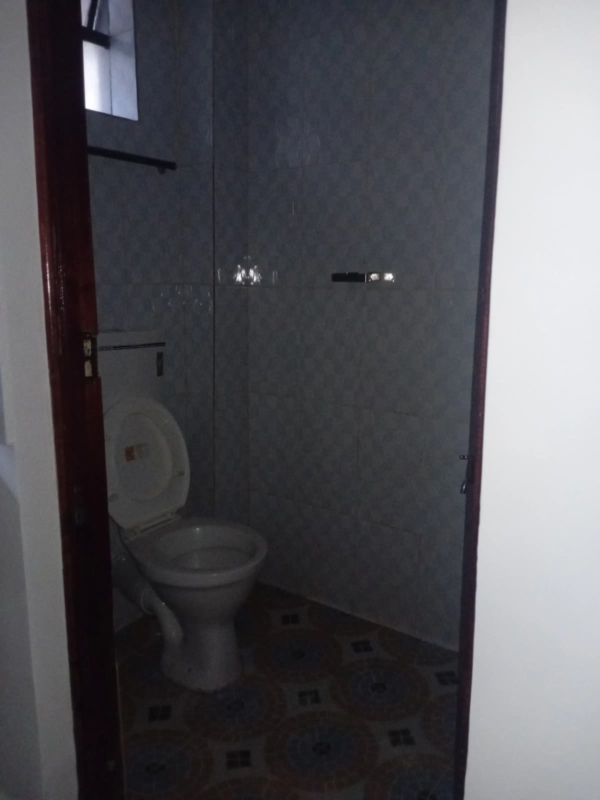 Compact bathroom with toilet and dark tile walls