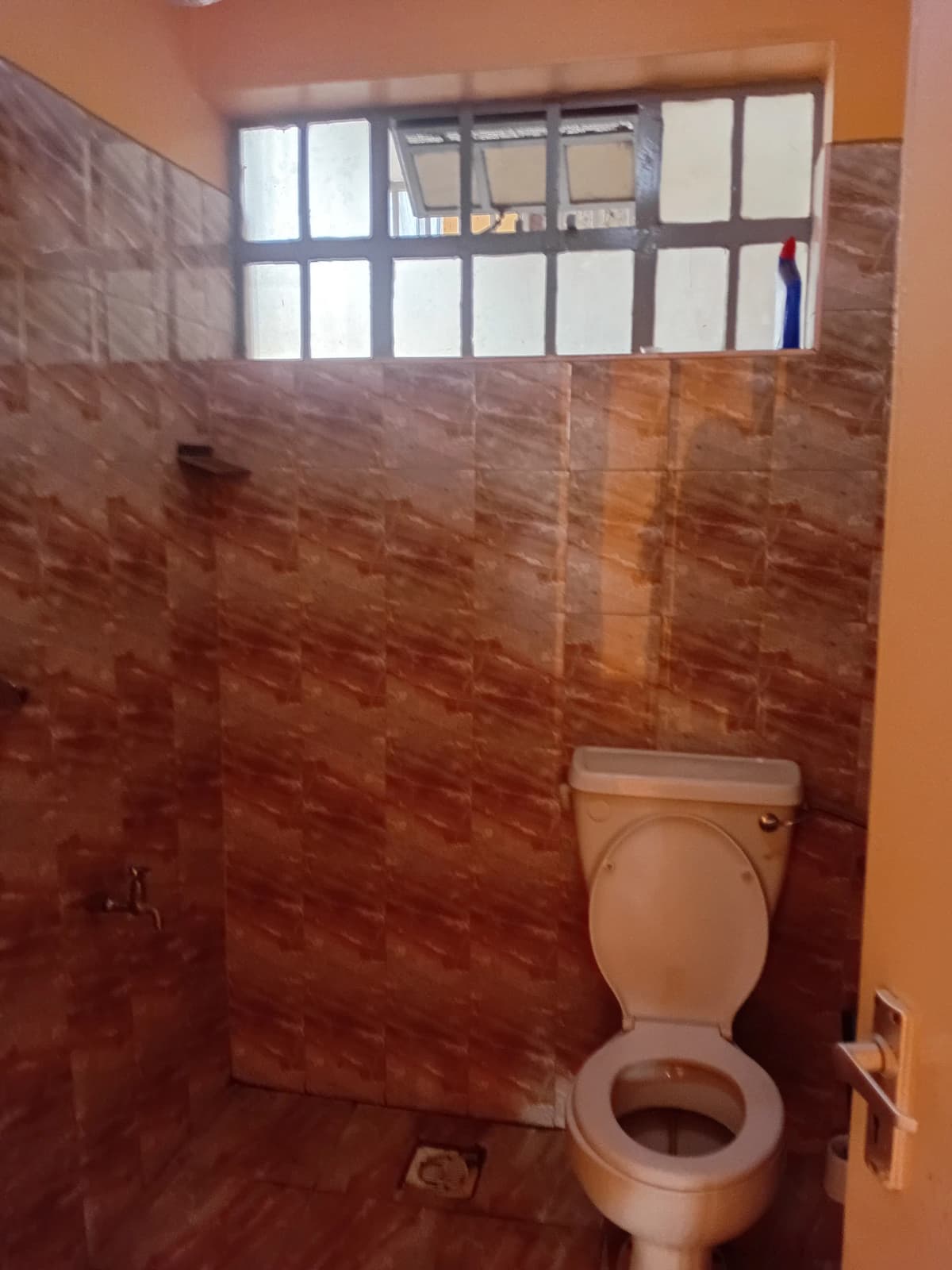 Compact bathroom with maroon tile walls and window