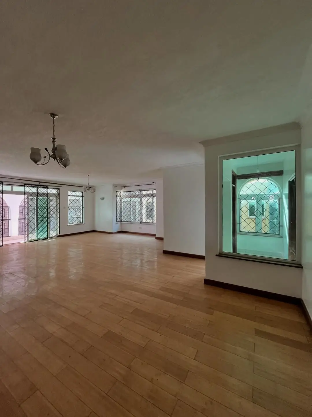 Spacious living room with wooden floors and multiple windows