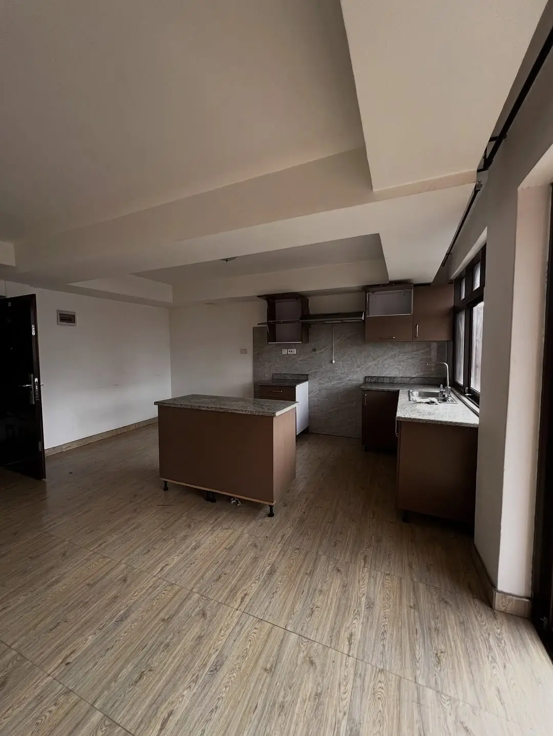 Open-plan kitchen with dark cabinetry and wooden flooring