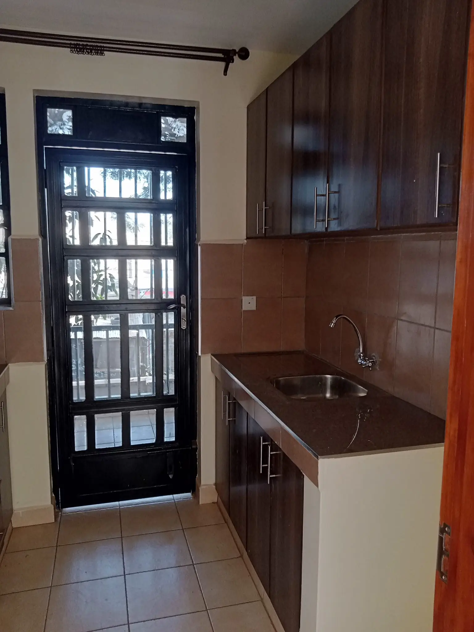 Modern kitchen with dark cabinetry and stainless steel sink