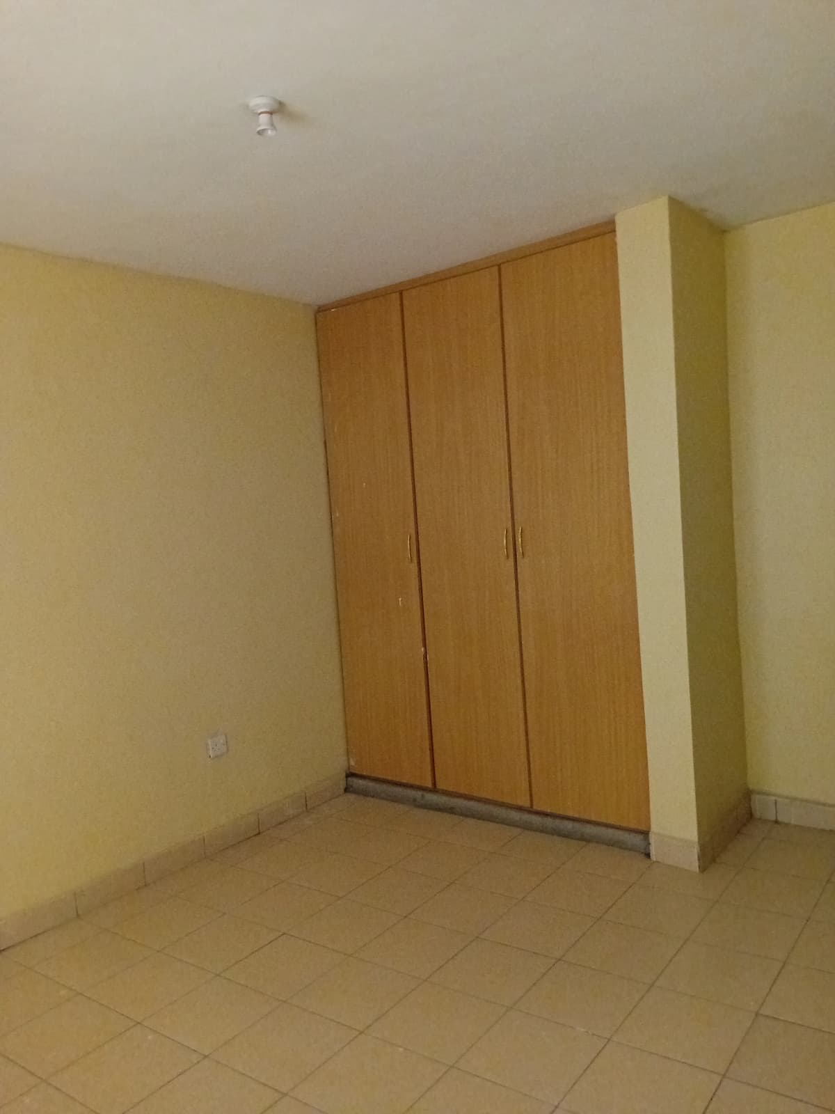 Spacious bedroom with built-in wooden wardrobes, yellow walls