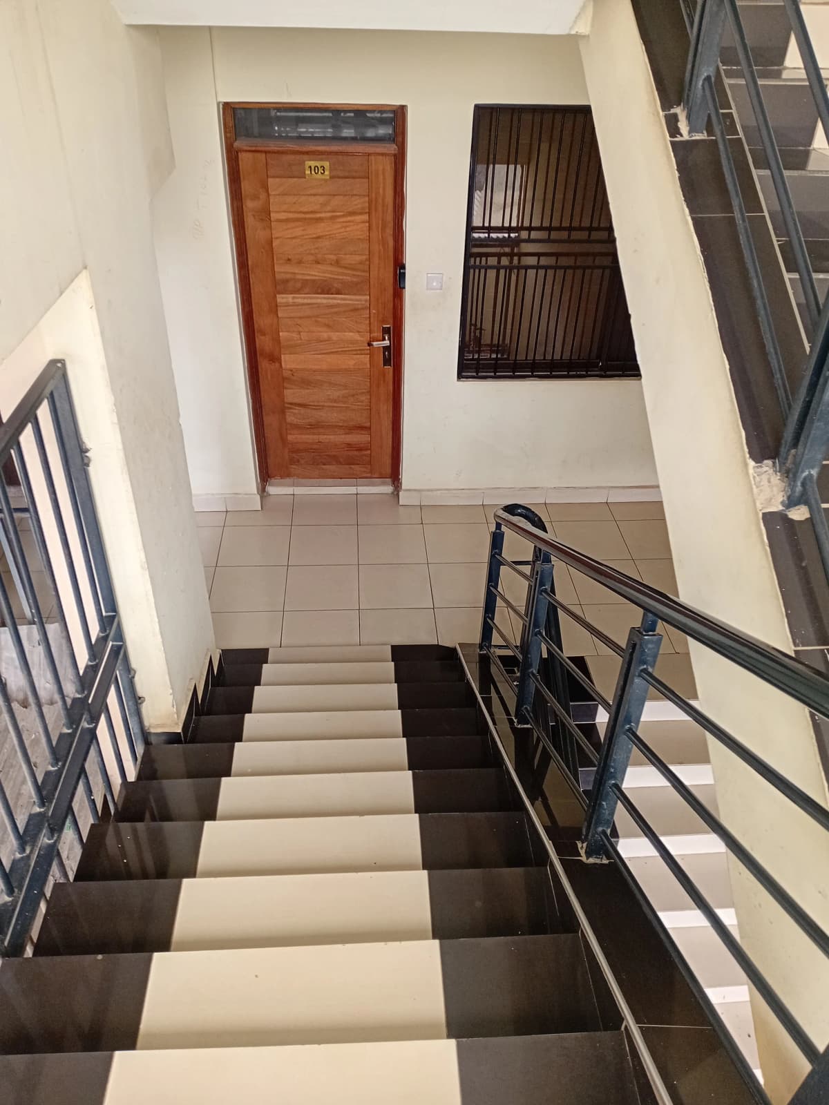 Interior staircase with checkered tile floor and wooden door