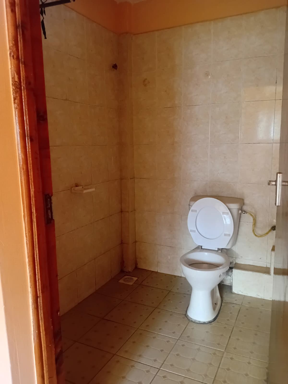 Basic bathroom with toilet, shower area, terracotta tiles