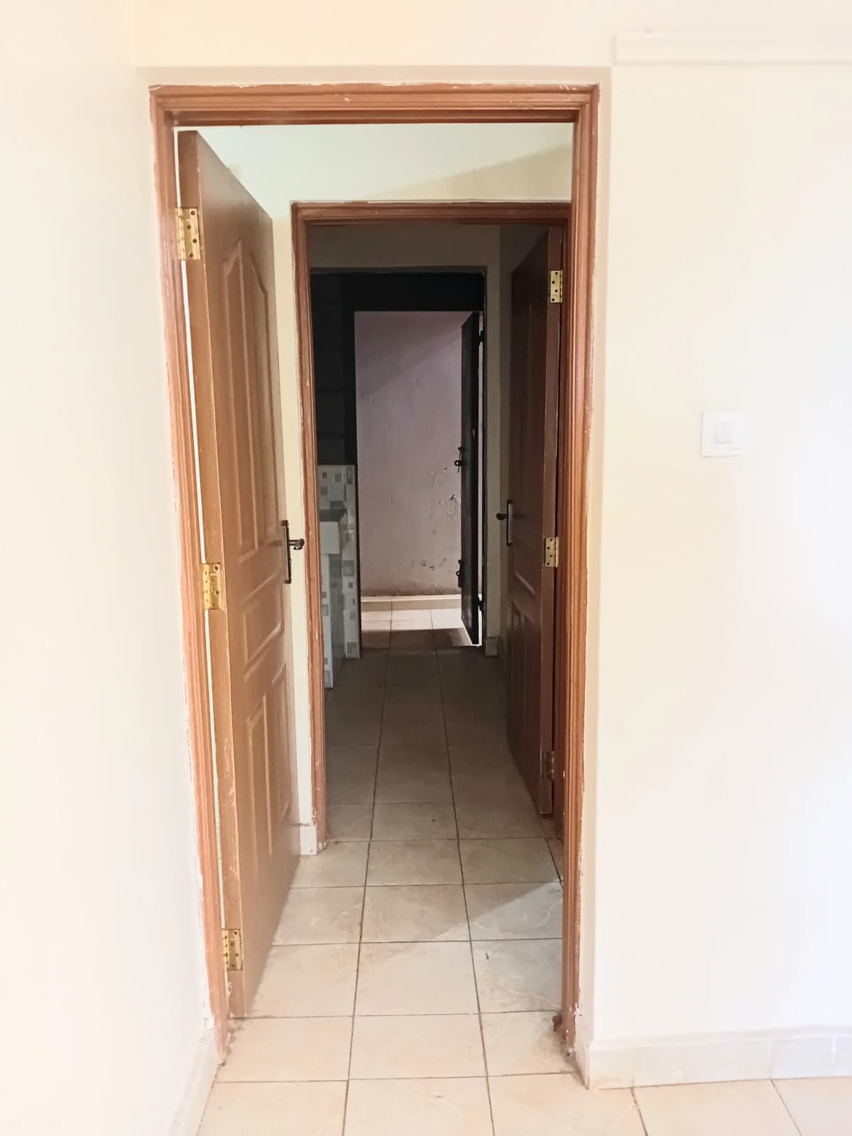 Narrow hallway with wooden doors leading to interior rooms