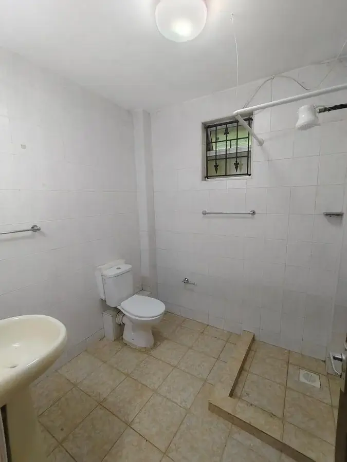 Spacious bathroom with toilet, sink, and tiled shower area