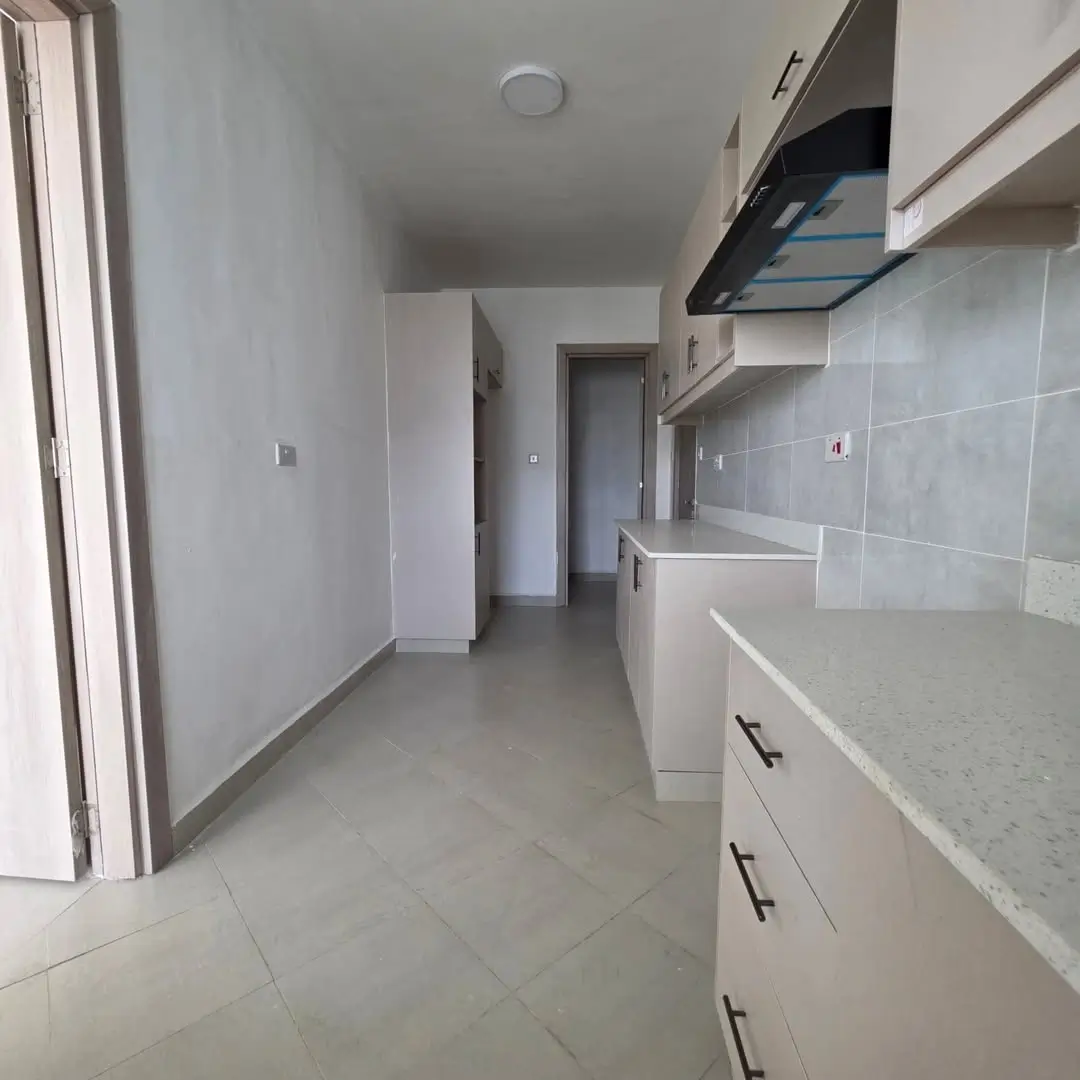 Modern galley kitchen with white cabinetry and tiled backsplash